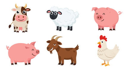 Fototapeta premium Illustration of a cartoon cow, sheep, pig, goat, and chicken farm animals standing upright