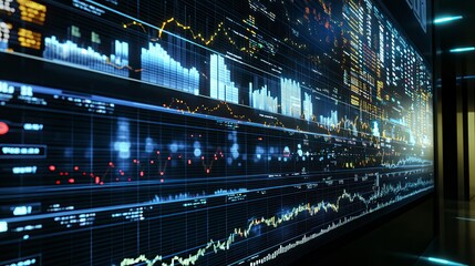 Wall-mounted digital display screen with financial data