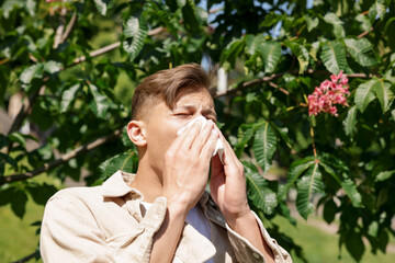 Young man with paper tissue suffering from seasonal pollen allergy near blossoming tree on spring...