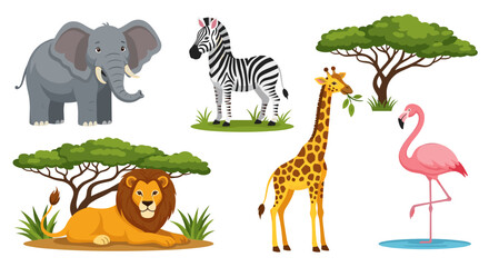 Illustration of various african animals including elephant zebra lion giraffe flamingo