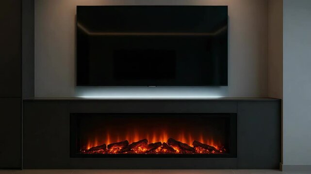 Cozy living room setup featuring an electric fireplace and modern television for relaxing evenings