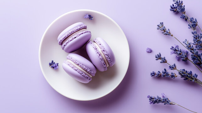 Three lavender - colored macarons on a white plate, with lavender flowers around, soft purple background.