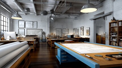 Fototapeta premium Business background clean architectural office with drafting tables blueprints scale models rulers and industrial decor photorealistic and no people