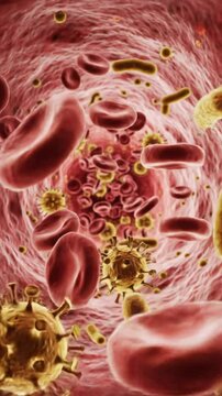 Hyperrealistic 3D animation: continuous tracking video, internal microscopic POV through deep red blood vessel, flowing biconcave red blood cells and motile yellow pathogens, highlighting cellular