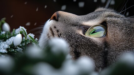 Obraz premium Close-Up of a Cat Watching Snowflakes Among Snowdrops