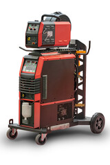 Red industrial engine-powered generator with black accents, control panel, gauges, displays, wheeled base, isolated image