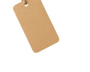 Blank rectangular brown kraft paper tag with rounded corners and string loop, isolated on white background, ideal for labeling, gift wrapping, or product packaging.