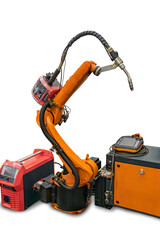 Industrial robot in an orange control panel setting, featuring a yellow articulated robotic arm with hoses No people visible factory background, artificial lighting, documentary style