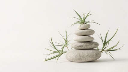 A serene arrangement of smooth stones topped with small, delicate green plants, creating a tranquil and minimalist aesthetic.