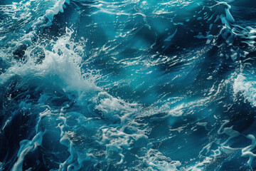 Obraz premium Abstract Pacific Ocean close up with bright blue waves, splashing sea foam and turbulent rippling water texture under sunlight, marine energy and natural power