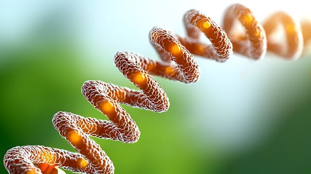 Microscopic helical structure orange and white 3D render abstract biology background