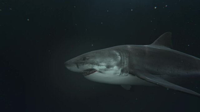 A realistic underwater scene featuring a Great White shark swimming gracefully in the ocean depths. The lighting creates a soft, muted atmosphere, with light beams filtering through the water from abo