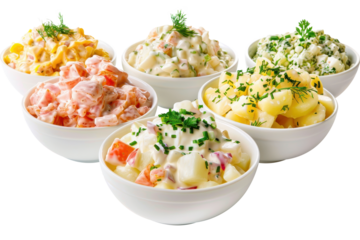 Transparent bowls of assorted potato salads with creamy mayo and vinaigrette dressings, corn, tomatoes, herbs in circular arrangement on white, fresh summer sides and vibrant buffet cuisine