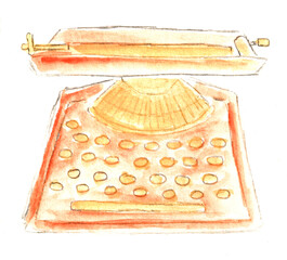 Retro typewriter. Watercolor illustration, hand drawn modern freehand new