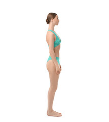 Woman wearing beautiful underwear on white background