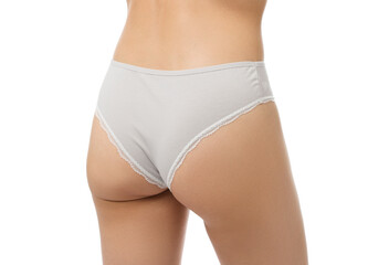 Woman wearing beautiful underwear on white background, closeup