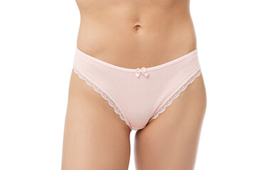 Woman wearing beautiful underwear on white background, closeup