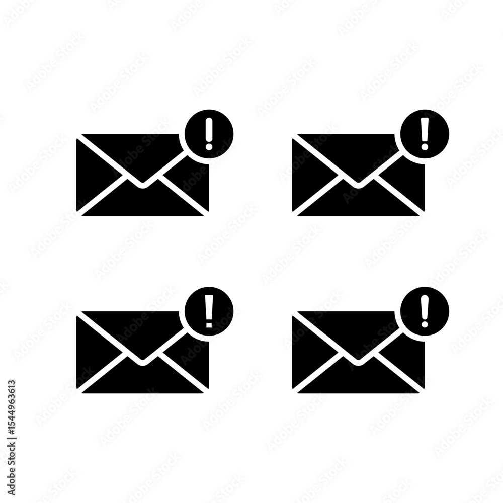 Poster error message icon set. email with exclamation mark symbol. warning sign on mail envelope