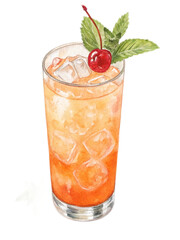 Refreshing iced cocktail with orange juice, cherry, and mint