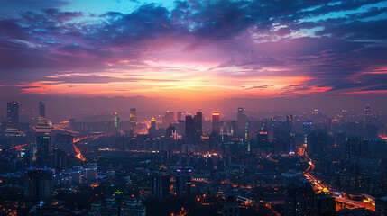 Obraz premium Dramatic Downtown Skyline Poster Background: Modern Urban Architecture with Neon Lights & Dynamic Night Views. 