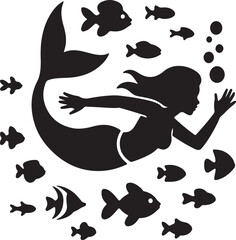 Obraz premium Elegant black silhouette of a mermaid swimming amongst playful fish in ocean waters