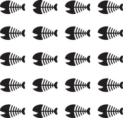 Seamless pattern of black fish bones repeating on a white background