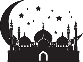 Silhouette of a Mosque at Night Under a Crescent Moon and Stars