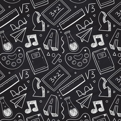 Education doodle seamless pattern. Science line hand drawn elements - mathematics formula, chemistry molecule, dna, graph, scientific experiment vector repeated background