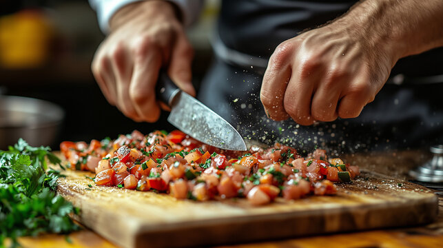 Chef Chopping Fresh Vegetables on Wooden Cutting Board with Knife - Powered by Adobe
