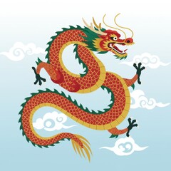 Fototapeta premium The dragon has a golden and black color scheme, surrounded by flames and clouds.