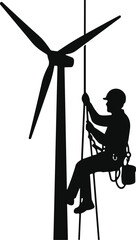  Silhouette of a Worker Climbing a Wind Turbine, Representing Renewable Energy, Green Technology, Sustainable Power Generation, and Clean Energy Solutions, Vector Icon