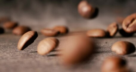 Close up of seeds of coffee. Fragrant coffee beans Super Macro Close Up. Shot on super slow motion camera 1000 fps. - Powered by Adobe