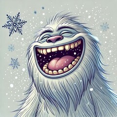 A laughing yeti with a furry coat and a few flying