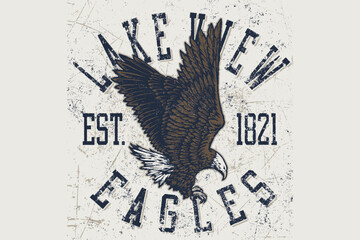  vintage emblem featuring an eagle and decorative text in a distressed artistic style. Great for designs, apparel, or branding with a retro or classic American aesthetic.