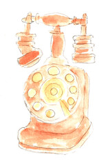 Retro phone, communication. Watercolor illustration, hand drawn modern freehand new