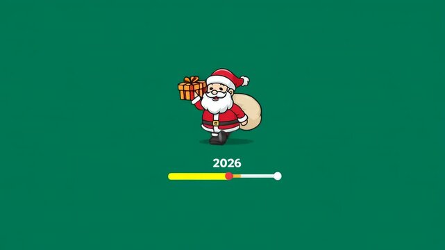 Santa Claus carrying gift and sack with 2026 loading bar on green background in festive cartoon style