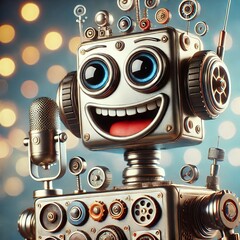 A robot with a smiling face featuring a few comedi
