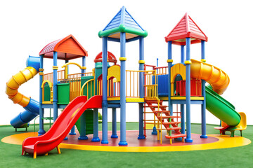 Colorful Multilevel Playground Structure with Slides Climbing Frames Red Yellow Blue Green Plastic Park Equipment isolated on a transparent background
