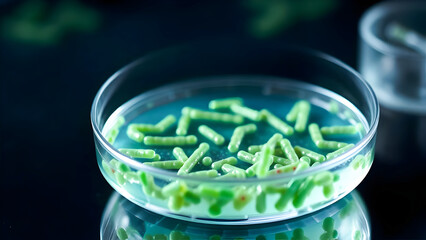 Green Bacteria Colonies in Petri Dish for Microbiology Research