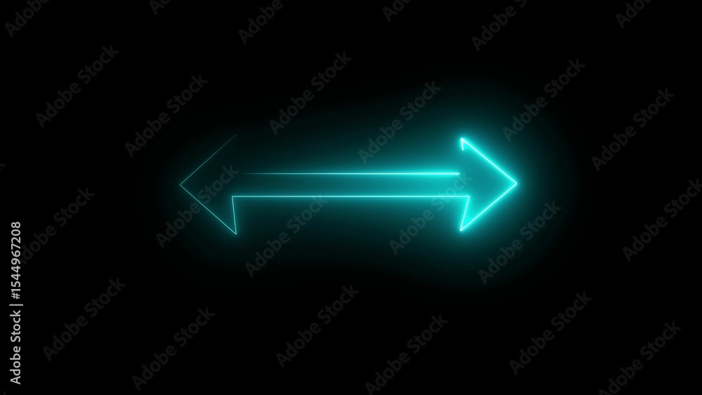 Poster glowing teal neon arrow sign pointing both left and right on a black background symbolizing directio