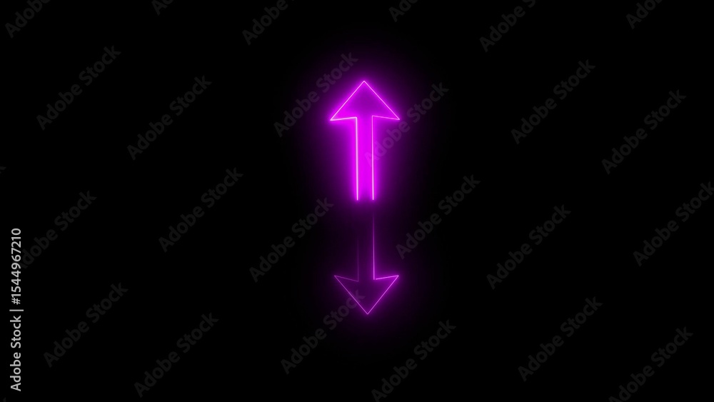 Poster glowing neon arrows pointing up and down symbolizing directional guidance and choices on a black bac