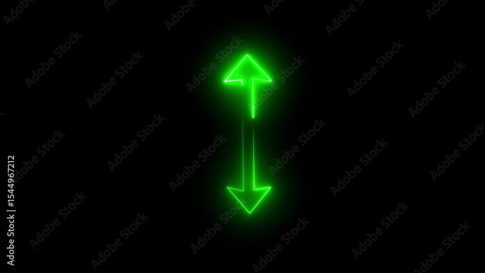 Poster neon green up and down arrows glowing against a black background representing direction and movement