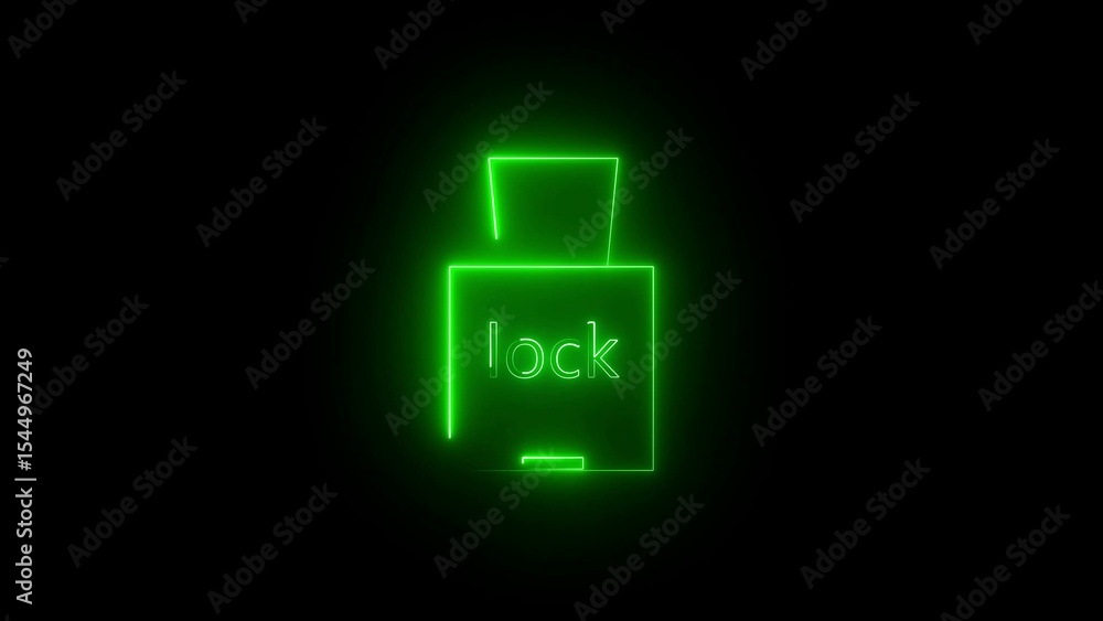 Poster green neon glowing lock icon symbolizing data security and protection on a black background simple d