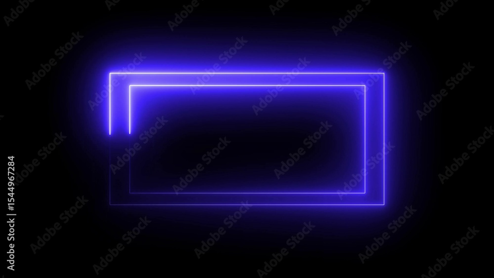 Poster abstract neon rectangle frame glowing brightly in shades of purple against a deep black background p
