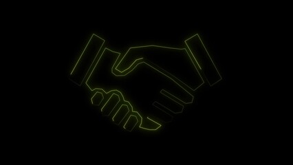 Conceptual line art handshake symbol against a black backdrop represents business partnership and agreement in a futuristic style