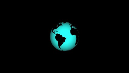 Glowing teal globe earth floating against a black background depicting global concepts