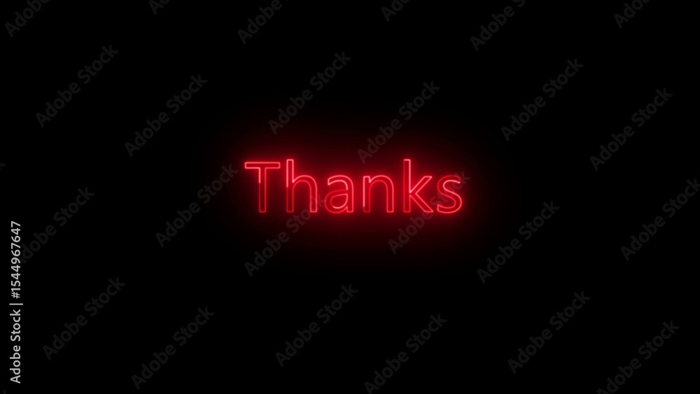 Poster glowing red neon thanks text message isolated on a dark black background for appreciation and gratit