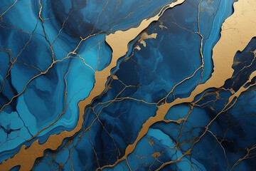 Luxurious abstract background of blue and gold marbling with vein-like golden accents