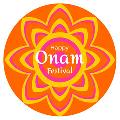 Colorful Onam holiday greeting with traditional Pukkalam flower pattern. Bright layered petals on a white background symbolize joy, culture and celebration.