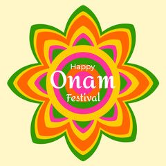 Colorful Onam festival greeting with traditional Pookalam floral rangoli design. Bright layered petals in vibrant colors on beige background, symbolizing joy, culture, and celebration.